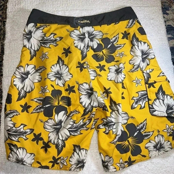 💥Vtg Y2K Floral Men’s Swim Trunks Shorts Swimsuit Bottoms KIRRA Yellow Gray LG - Picture 2 of 8